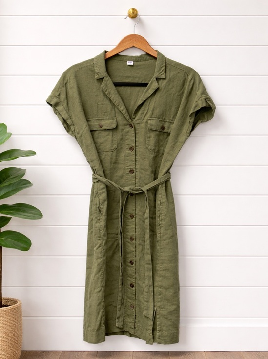 Dresses & Skirts - 💚🖤 Old Navy Olive Green Utility Dress Medium Tie Waist Button Front Casual Chic